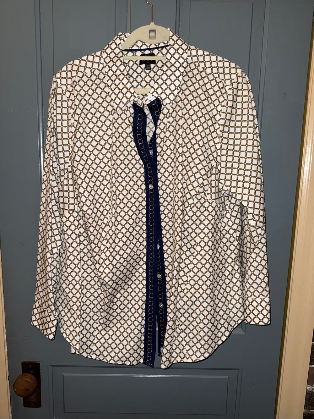 Talbots White Button-Down Shirt with Gold Geometric Print and Navy Placket